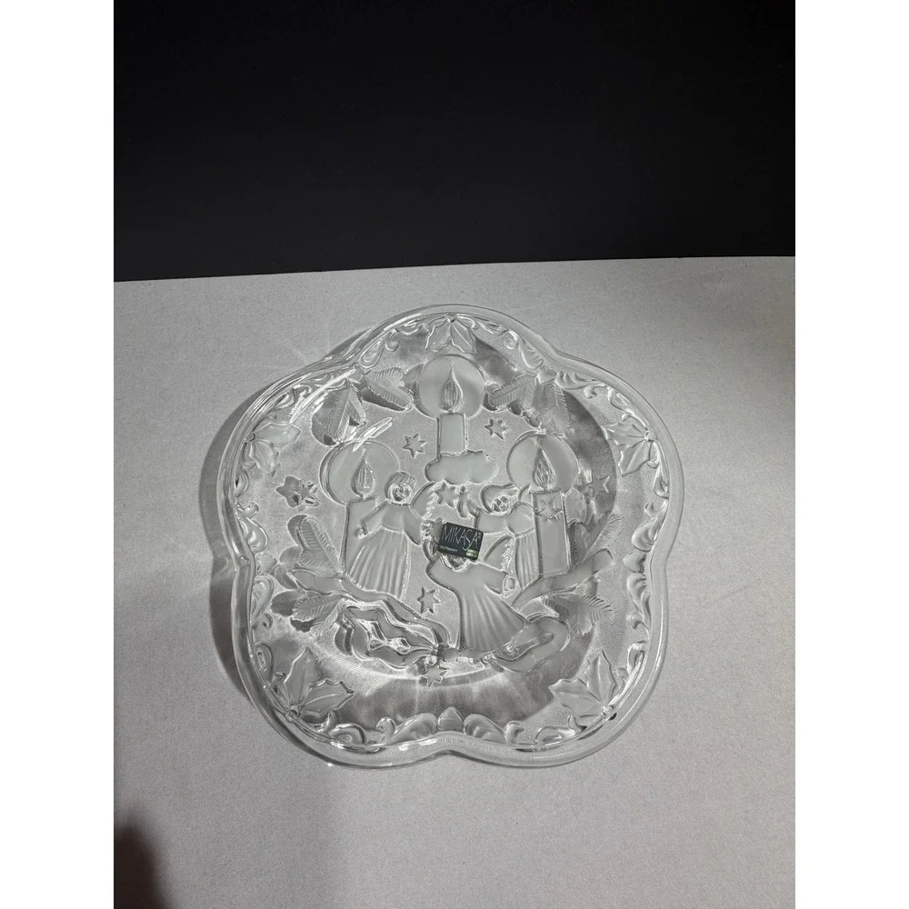Mikasa Christmas Night Crystal Serving Bowl Angels Candles Frosted Glass Germany